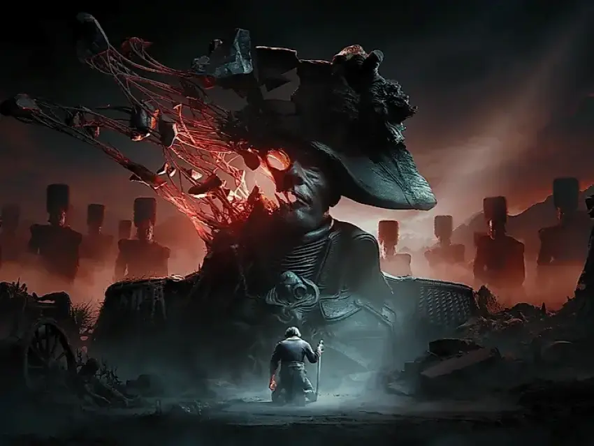 Background is an image of Napoleon as a giant fantasy warlock figure, the left side of his face decomposed into a montrous mesh of flesh. A soldier kneels before him and a shadowy army looms behind.