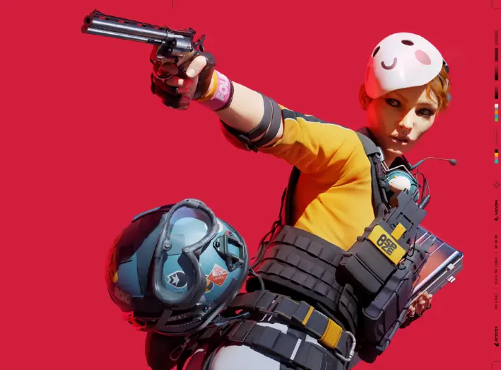 Background is the cover art for the game The Finals, depicting a figure in combat gear wearing a plastic mask on the top of their head, while holding a briefcase and pistol.